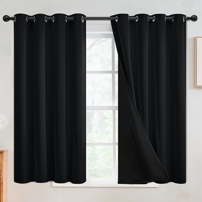 SimpleHome 100% Blackout Curtains for Bedroom,Thermal Insulated Black Grommet Window Drapes Room Darkening Curtains for Living Room with Black Back,52 x 54 Inch,2 Panels