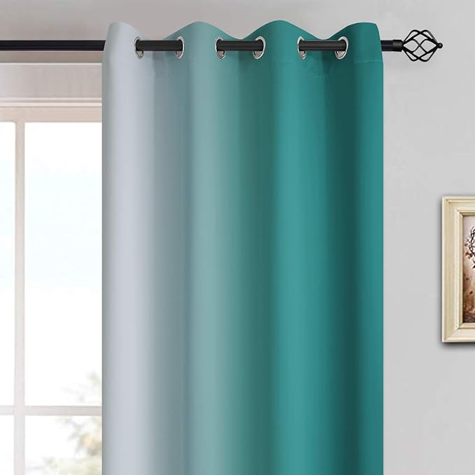 Yakamok 84 Inch Length Teal and Greyish White Light Blocking Gradient Color Ombre Curtains with Grommet, Room Darkening Window Treatment Drapes for Living Room(52x84 Inch, 2 Panels)