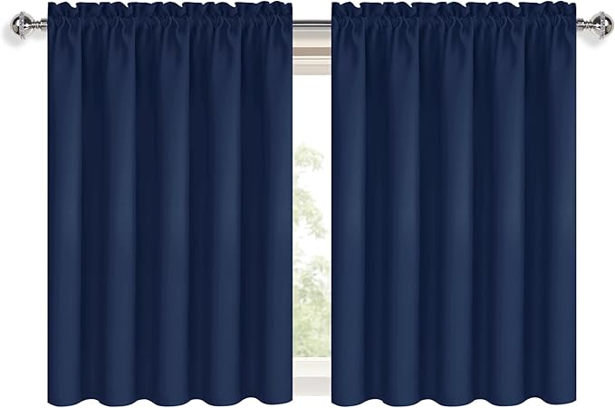 DWCN Short Curtains for Bathroom Windows 36 inches Length 2 Panels Set, Half Window Blackout Curtains for Kitchen, Rod Pocket Energy Saving Drapes (W60 x L36 Inch, Navy Blue)