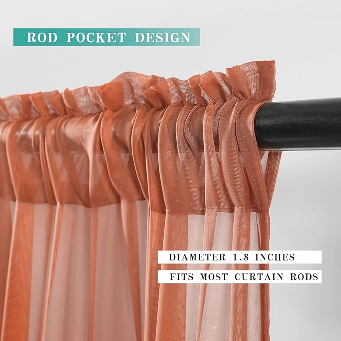 MIULEE Short Sheer Curtains 36 Inch Length for Kitchen Bathroom Cafe Half Window Treatment, Terracotta Rod Pocket Tier Fall Curtains 2 Panels 29x36 Inches Long, Burnt Orange