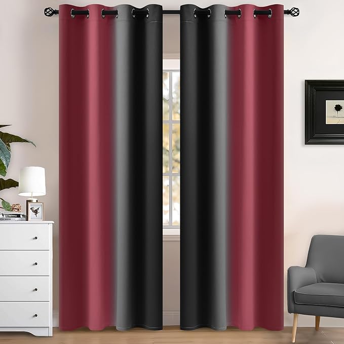 Yakamok Blackout Ombre Burgundy and Black Curtains for Bedroom, Gradient Room Darkening Curtains, Grommet Thermal Insulated Light Blocking Window Drapes/Curtain for Living Room,52 x 84 Inch,2 Panels