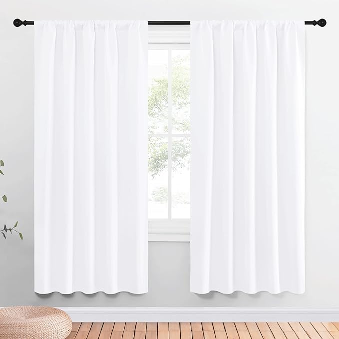 NICETOWN 50% Light Blocking Kitchen Curtains - Window Treatment Rod Pocket Curtains/Drapes for Bedroom (2 Panels, 52 by 72, White)