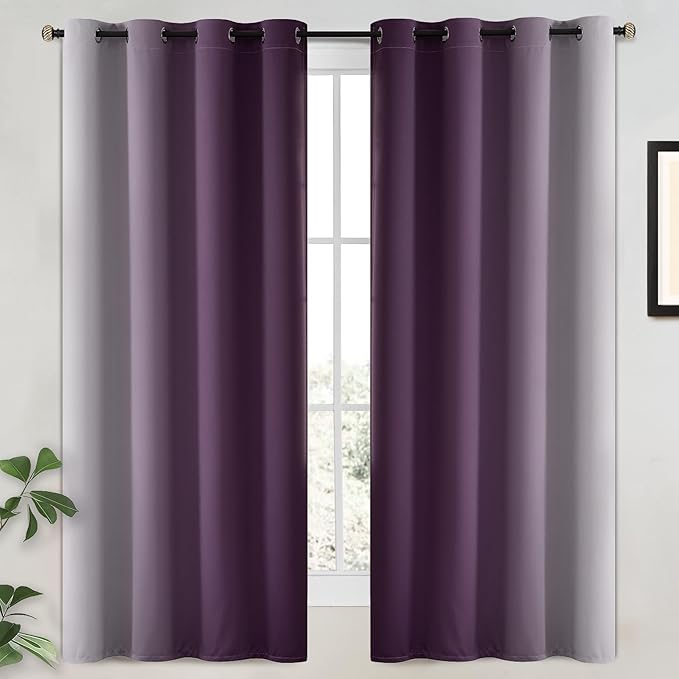 Yakamok 100% Blackout Curtains 63 Inch Length 2 Layers,Purple Curtains for Bedroom Ombre Room Darkening Grommet Gradient Drapes, Light Blocking Thermal Insulated Window Curtains for Living Room