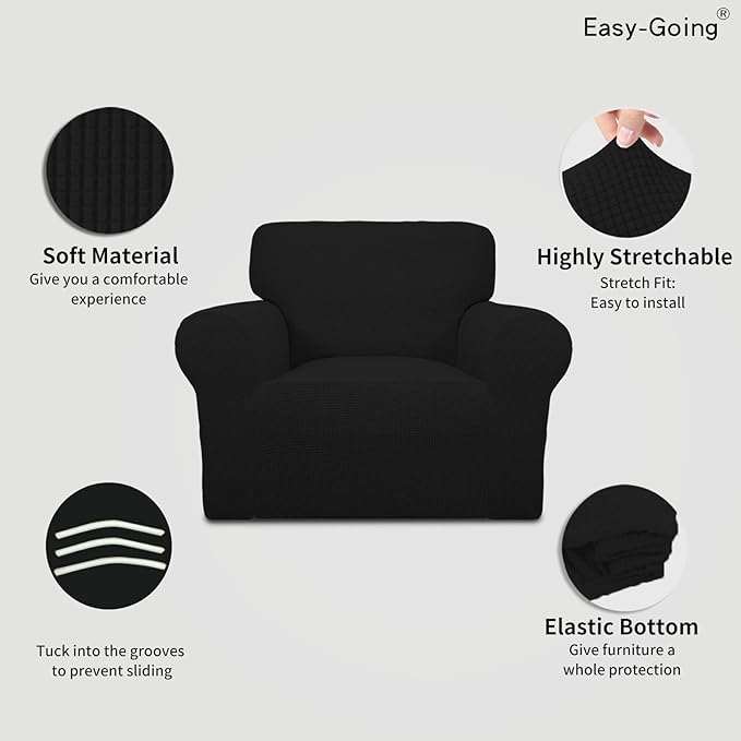 Easy-Going Stretch Chair Sofa Slipcover 1-Piece Couch Sofa Cover Furniture Protector Soft with Elastic Bottom for Kids, Pet. Spandex Jacquard Fabric Small Checks (Chair, Black)