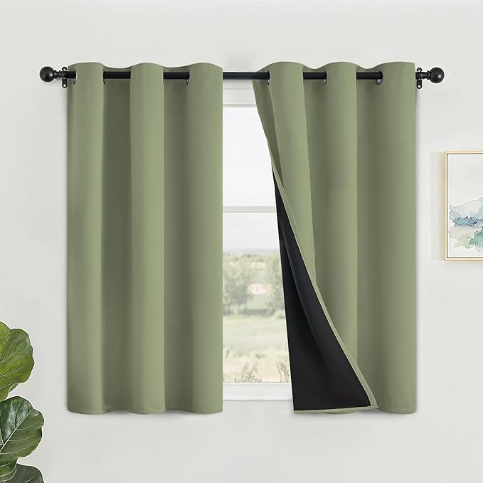 SimpleHome 100% Blackout Curtains for Bedroom,Thermal Insulated Sage Grommet Window Drapes Room Darkening Curtains for Living Room with Black Back,42 x 45 Inch,2 Panels
