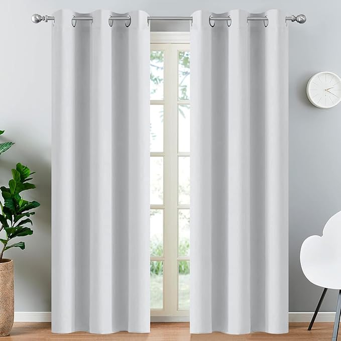 Yakamok 90 Inch Length Room Darkening Drapes Blackout Curtains for Bedroom,Thermal Insulated Grommet Curtain Panels for Living Room,38W x 90L,Greyish White, One Pair