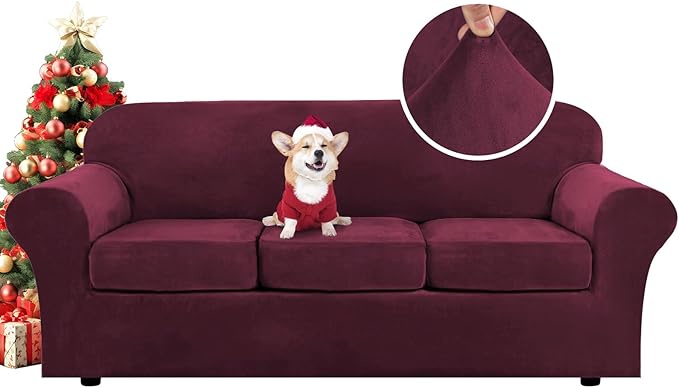 H.VERSAILTEX Modern Velvet Plush 4 Piece High Stretch Sofa Slipcover Sofa Cover Furniture Protector Form Fit Luxury Thick Velvet Sofa Cover for 3 Cushion Couch Width Up to 90 Inch(Sofa,Burgundy)