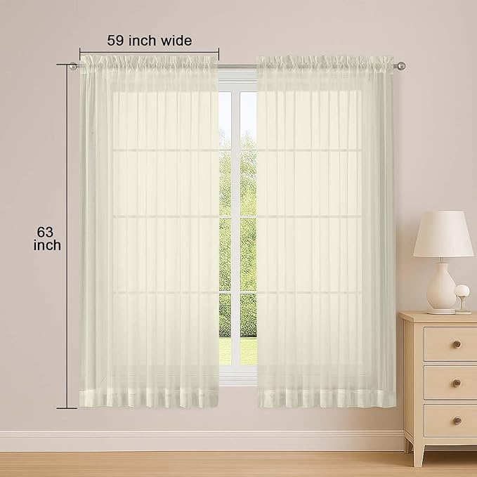 OWENIE Sheer Cream Curtains, Sheer Curtains 63 inch Length 2 Panels Set, Rod Pocket Voile Fimly Sheer Drapes for Living Room Bedroom, 2pcs, Cream, Each 59" W x 63" L