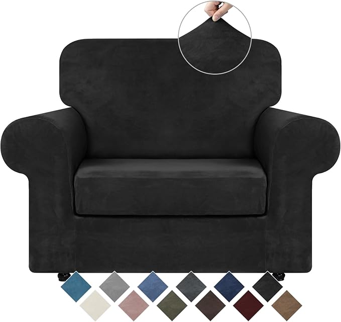 WEERRW Velvet Stretch Chair Sofa Slipcover - 2 Pieces Luxury Soft Velvet Plush Couch Cover Furniture Protector with Elastic Bottom for Pets, Machine Washable, Black, Small