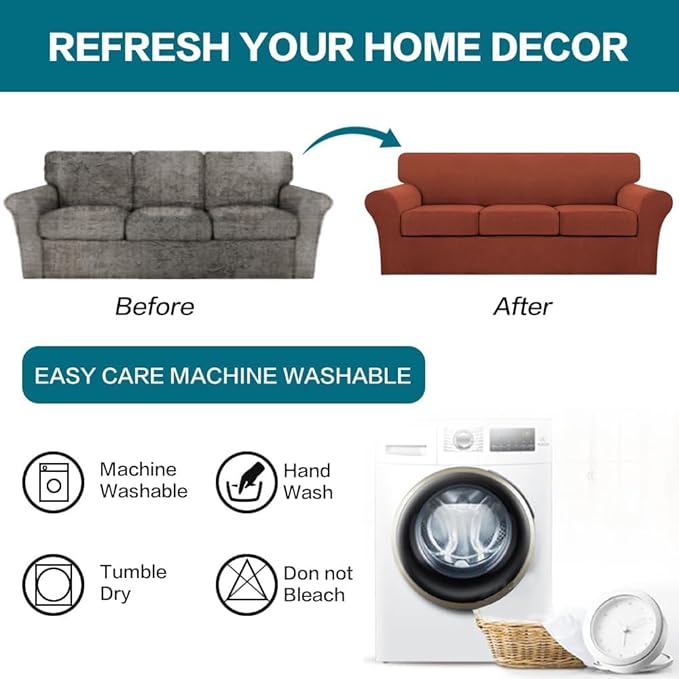 Turquoize 4 Piece Sofa Covers for 3 Cushion Couch Sofa Slipcover Soft Couch Cover for Dogs Washable Furniture Cover with 3 Individual Large Cushion Covers Feature Fabric (Large Sofa, Rust)