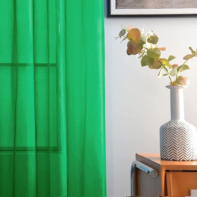 SpaceDresser Sheer Voile Window Treatment Rod Pocket Curtain Panels for Kitchen Bedroom Living Room Drapes Sunlight Filtering Privacy Semi Home Decor Assorted Colors Sizes (Green, 52 W x 84 L)