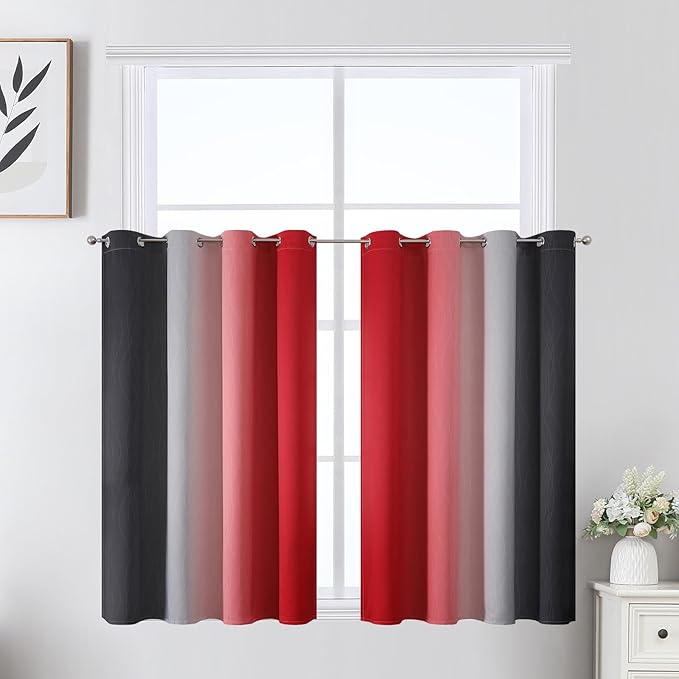 Estelar Textiler Red and Black Ombre Short Blackout Curtains 36 Inch Long, Thermal Insulated Grommet Small Half Window Drapes for Cafe/Basement/RV Camper/Kitchen, 52Wx36L, 2 Panels