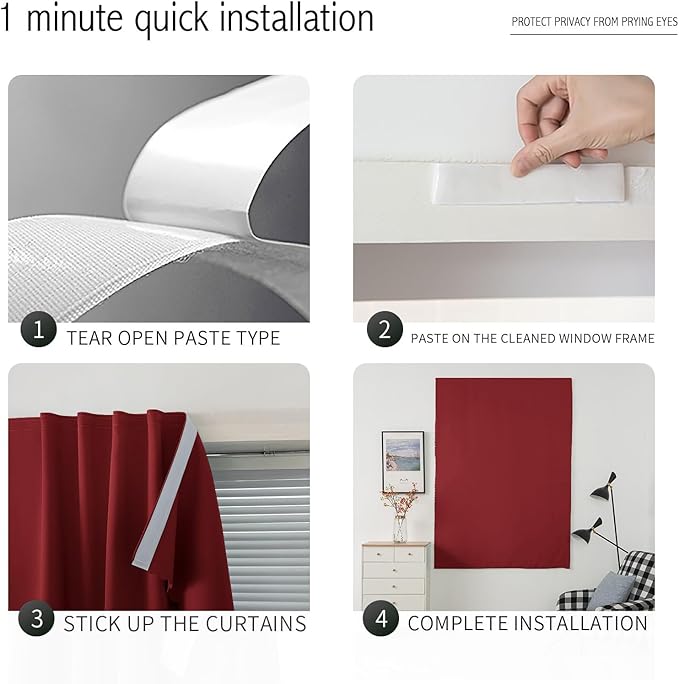 Self Adhesive Curtains, Stick Curtain Blackout Shades Window Cover Curtains for Living Room No Drilling, 59" W X 71" L, Burgundy, 1 Panel
