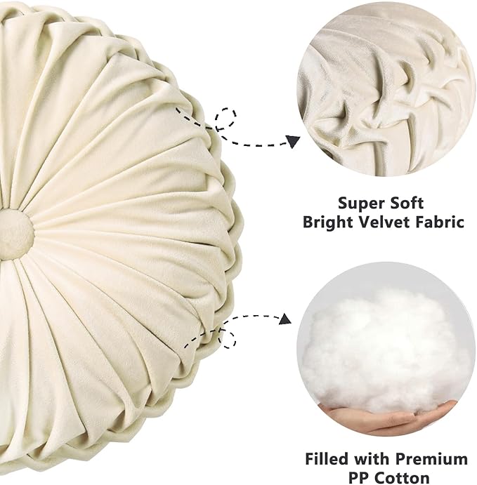 HIG Set of 2 Decorative Round Pleated Throw Pillows,Classy Accent Pumpkin Throw Pillows with Center Button,Vintage Velvet Floor Pillows for Sofa Vanity Chair Bed, Beige,14.5" Diameter(Ripple)