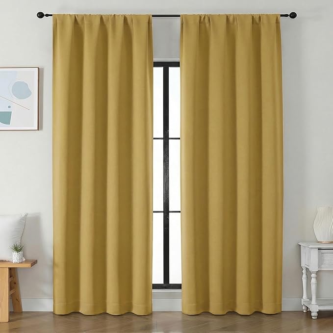 Simplebrand Ava Bright Gold Blackout Curtains for Bedroom 90 Inches Long 2 Panels Set, Solid Privacy Energy Saving Living Room Window Treatment Curtains Blackout Drapes, W50 x L90 Inch, Bright Gold