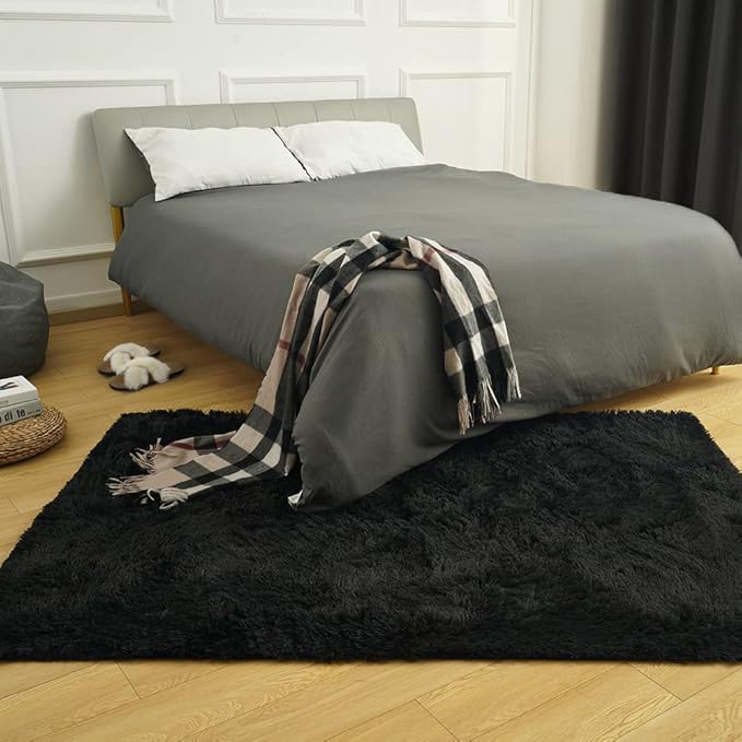 Amearea Premium Soft Area Rug 4x5.3 Feet, Black Rugs for Living Room, Fluffy Carpet for Bedroom Nursery Playroom Teen Home Decor, Comfortable Indoor Furry Dorm Carpets, Black