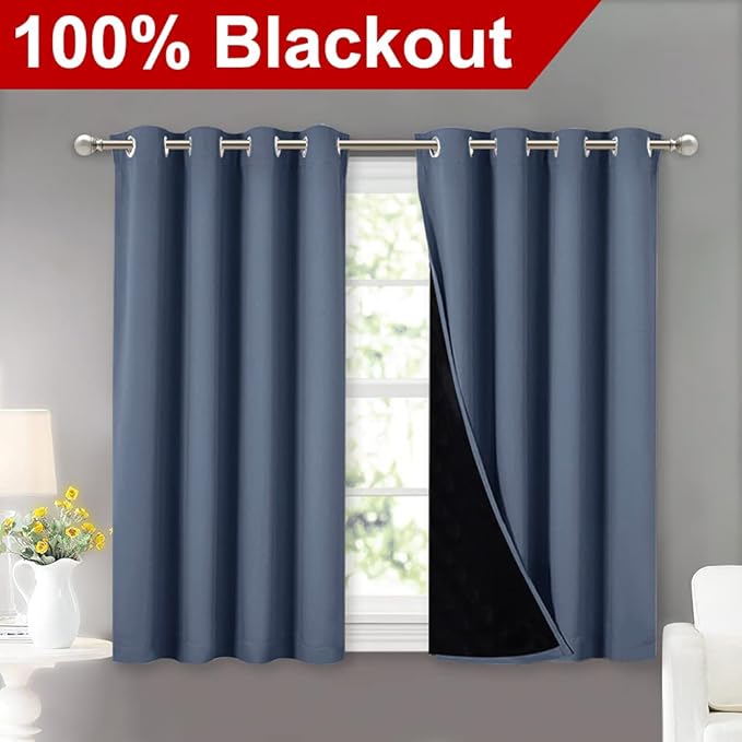 NICETOWN 100% Blackout Curtains with Black Liners, Thermal Insulated Full Blackout 2-Layer Lined Drapes, Energy Efficiency Window Draperies for Boy's Room (Stone Blue, 2 Panels, 52-inch by 45-inch)