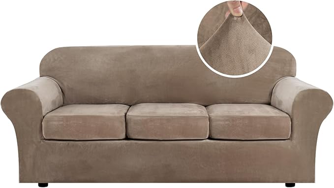H.VERSAILTEX Modern Velvet Plush 4 Piece High Stretch Sofa Slipcover Strap Sofa Cover Furniture Protector Form Fit Luxury Thick Velvet Sofa Cover for 3 Cushion Couch Width Up to 90 Inch (Sofa, Camel)