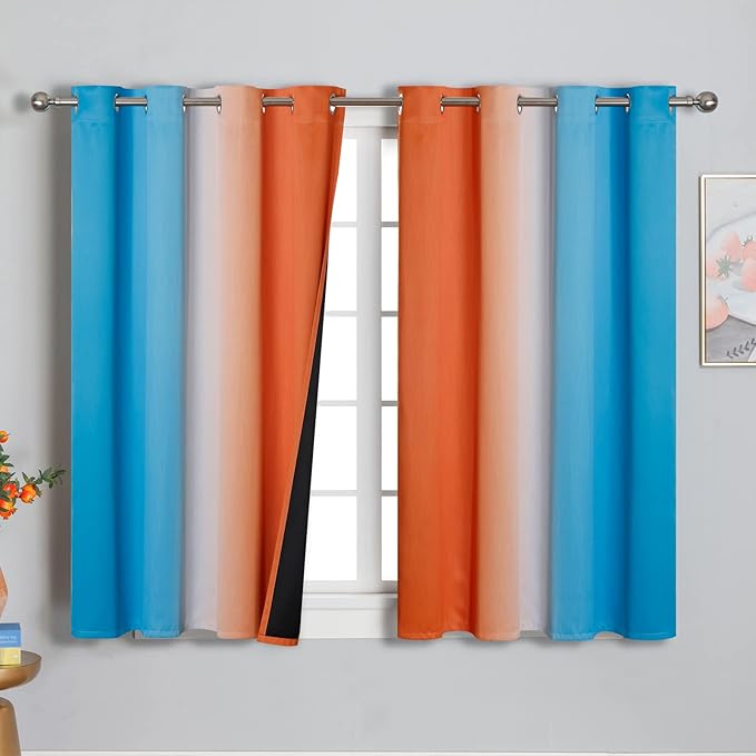 Ombre Orange and Blue Blackout Curtains 54 Inch Length 2 panels, Full Room Darkening Curtains for Bedroom, Thermal Insulated Gradient Drapes, Full Light Blocking Curtains with Grommet, 52x54 Inch