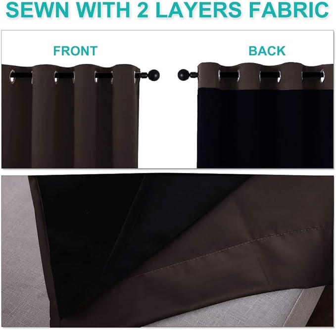 NICETOWN Extra Long Truly Blackout Drapes for Hall and Villa, 46-inch Width Each Panel, 45-inch Length, Brown, 2 Pieces, 100% Blackout Window Curtain Panels with Black Lined for Night Shift Worker