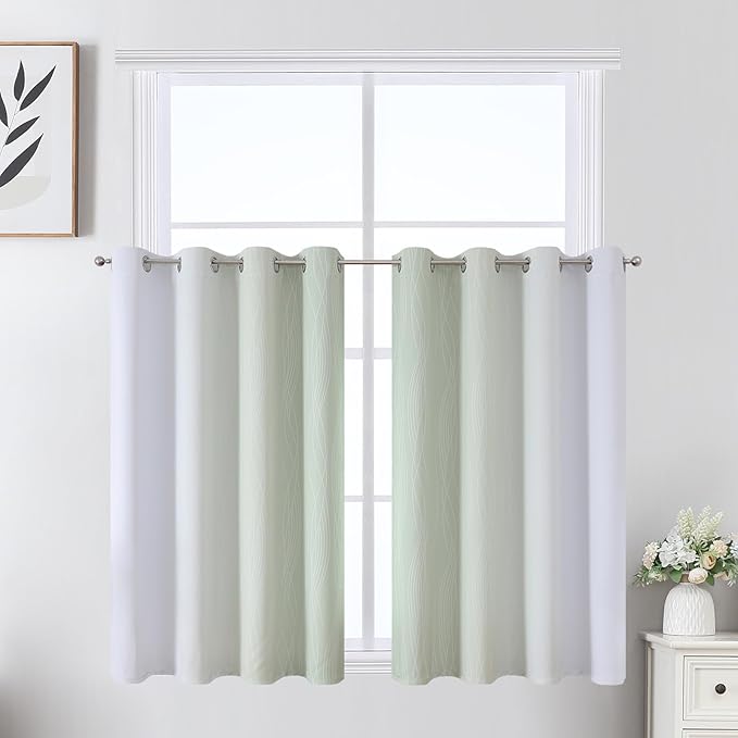 Estelar Textiler Sage Green and Greyish White Ombre Short Blackout Cafe Curtains 36 Inch Length, Thermal Insulated Grommet Small Half Window Drapes for Kitchen/Basement/RV Camper, 52Wx36L, 2 Panels