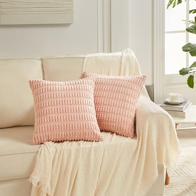 Fancy Homi 4 Packs Boho Pink Decorative Throw Pillow Covers 18x18 Inch for Living Room Couch Bed Sofa, Rustic Modern Farmhouse Home Decor, Soft Plush Corduroy Cute Square Cushion Case 45x45 cm