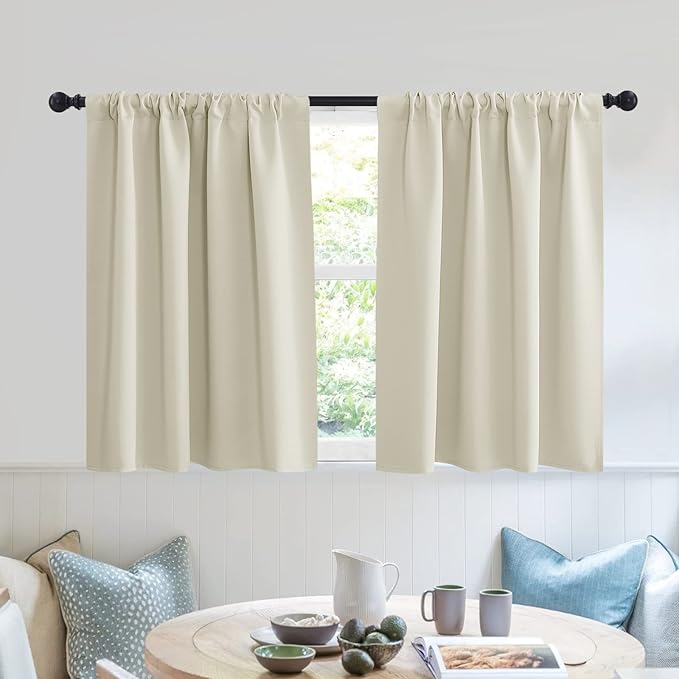 RYB HOME Privacy Bathroom Window Curtains, Short Thermal Insulated Heat Blocking Privacy Rod Pocket Half Window Curtain Tiers for Nursery Bedroom, Width 42 by Length 30, Beige, 2 Panels