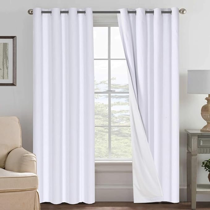 H.VERSAILTEX Linen Curtains 100% Blackout Curtains for Bedroom 102 inch Long Full Light Blocking Nature Linen Blended Window Curtains for Living Room Nickel Grommet (2 Panels, Bright White)