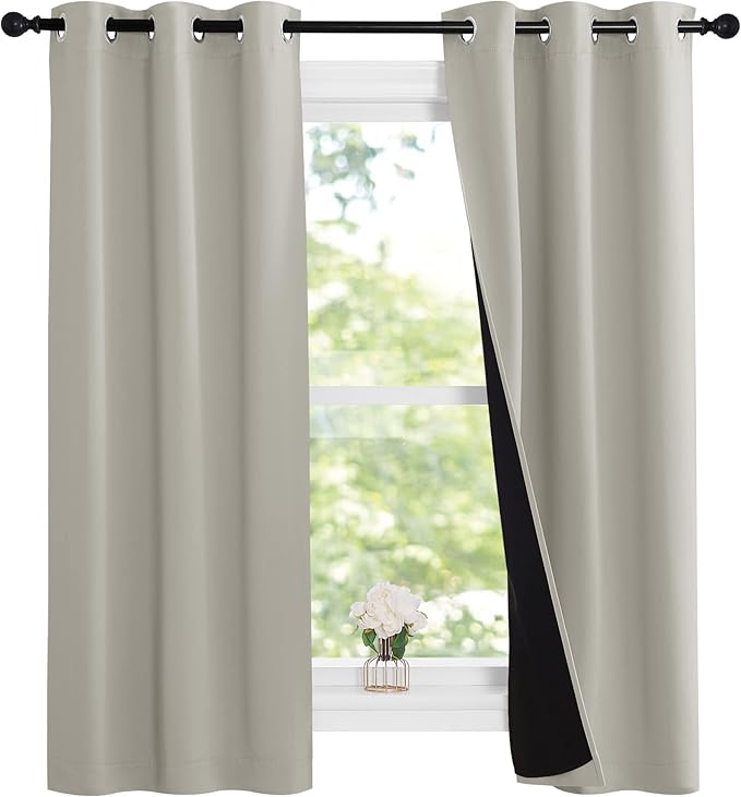 NICETOWN Natural 100% Blackout Lined Curtains, 2 Thick Layers Narrow Wide Window Treatment Panels Thermal Insulated Drapes for Kitchen Small Window (1 Pair, 37" Width x 63" Length Each Panel)