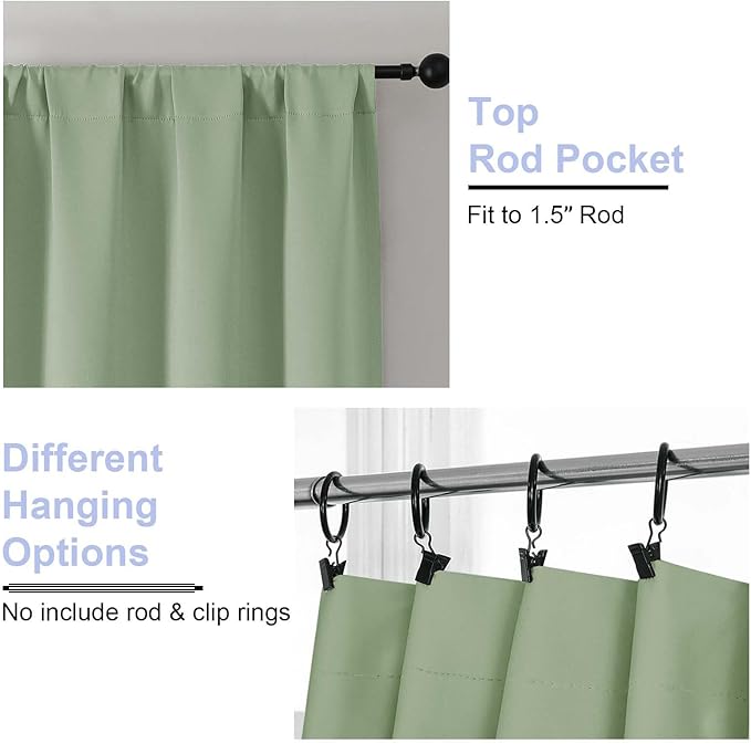 Simplebrand Ava Light Green Blackout Curtains for Bedroom 84 Inch Length 2 Panels Set, Solid Thermal Insulated Privacy Nursery Window Treatment Curtains Blackout Drapes, W50 x L84 Inch, Light Green