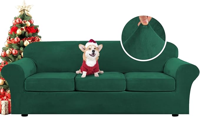 H.VERSAILTEX Modern Velvet Plush 4 Piece High Stretch Sofa Slipcover Furniture Protector Form Fit Velvet Extra Large Sofa Cover for 3 Cushion Couch Width Up to 105 Inch(XL Sofa, Vintage Green)