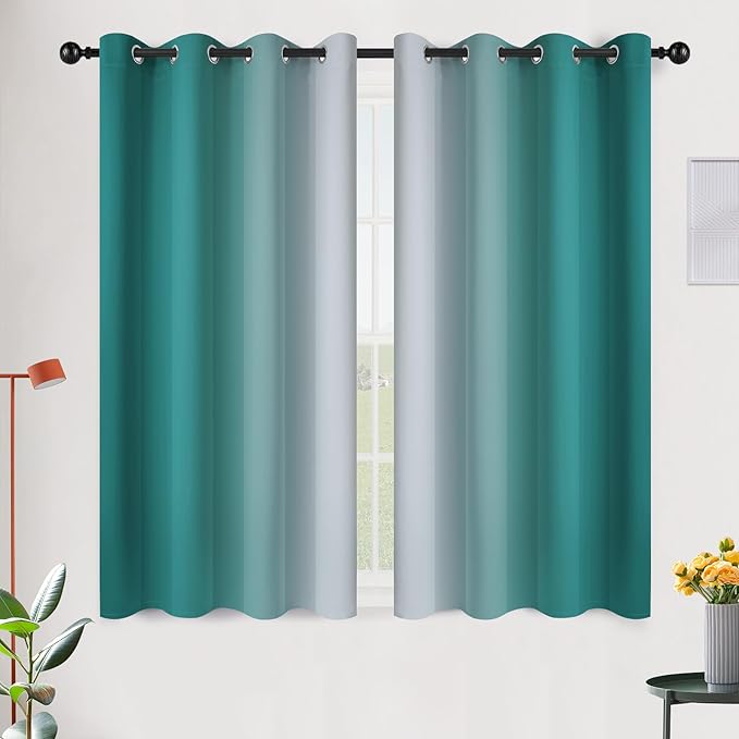 SimpleHome Ombre Room Darkening Curtains 45 inches Length for Bedroom,Grommet Gradient Light Blocking Teal Gradient Window Curtains for Living Room,2 Panels, 52x45 inches