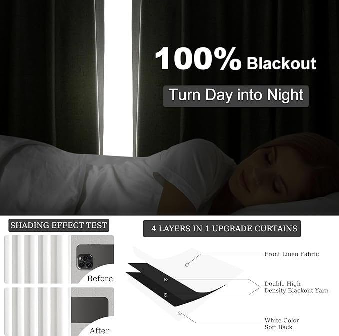 Beige White Linen blackout curtains 84 inch long 2 Panels 100% Black out Linen texture Curtain ivory Window Drapes with Back Tab Rod Pocket Sun Blocking Noise Insulated Curtain for Bedroom Living Room
