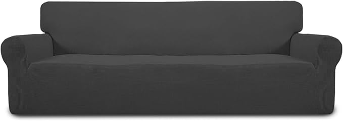 Easy-Going Stretch 4 Seater Sofa Slipcover 1-Piece Sofa Cover Furniture Protector Couch Soft with Elastic Bottom for Kids, Polyester Spandex Jacquard Fabric Small Checks Dark Gray