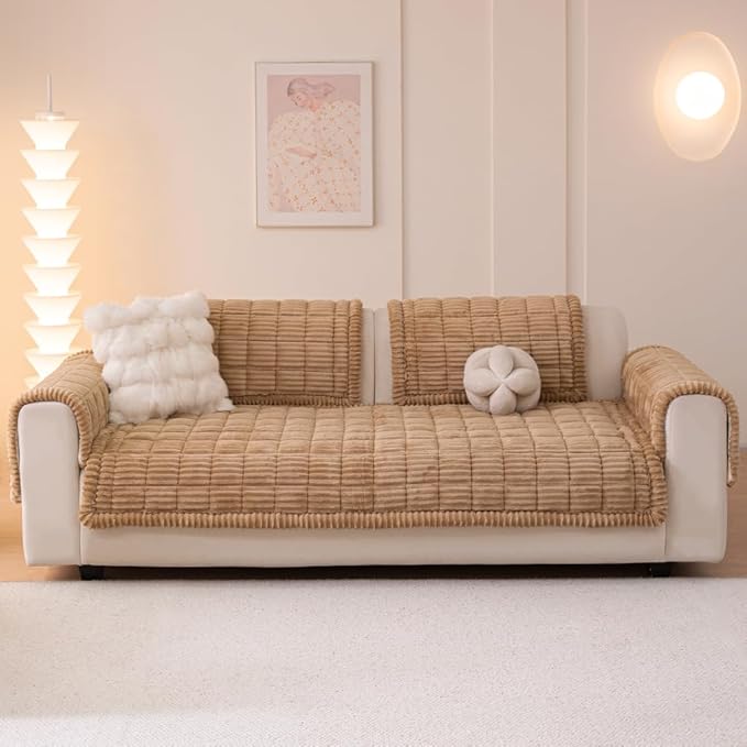 Couch Cover for Dogs Washable, Fuzzy Pet Couch Covers for 3 Cushion Sofa Pet Friendly, Non Slip Sofa Cover (Light Brown, 35" x 82.7"/90 x 210cm)