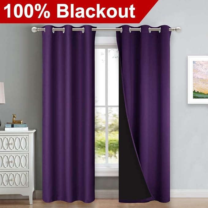 NICETOWN Royal Purple Full Shade Curtain Panels, Pair of Thermal Insulated & Energy Efficiency Blackout Drapes for Living Room, Lined Silky Performance Window Dressing (37" Wide x 84" Long, Gray)