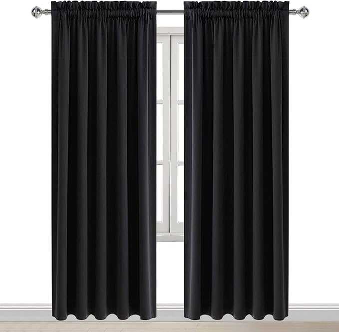 DWCN Black Blackout Curtains for Bedroom, 60 x 84 inches Long - Room Darkening Thermal Insulated Large Drapes, Set of 2 Rod Pocket Curtain Panels
