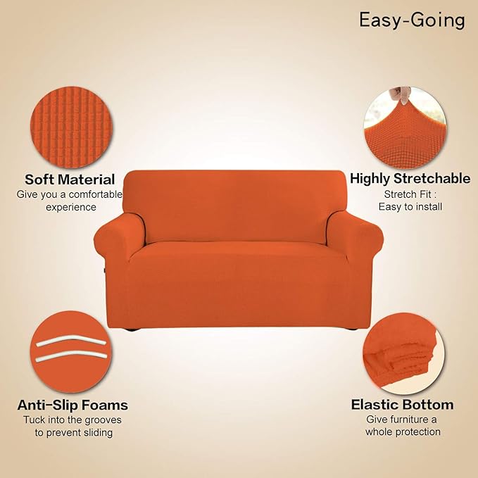 Easy-Going Stretch Sofa Slipcover 1-Piece Sofa Cover Furniture Protector Couch Soft with Elastic Bottom for Kids, Polyester Spandex Jacquard Fabric Small Checks (Sofa, Orange)