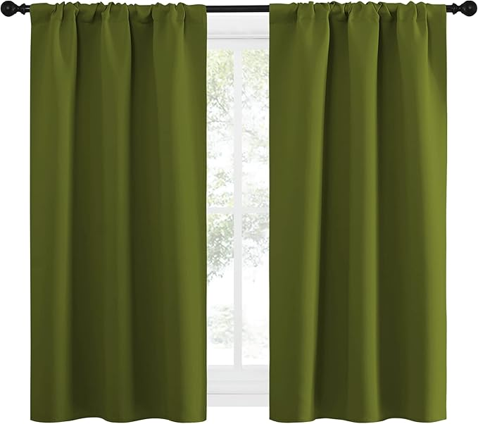 NICETOWN Kitchen Curtains, Short Blackout Curtains & Drapes, Thermal Insulated Rod Pocket Window Treatment Draperies for Nursery (Olive Green, 34 in x 54 in (W x L), Set of 2)