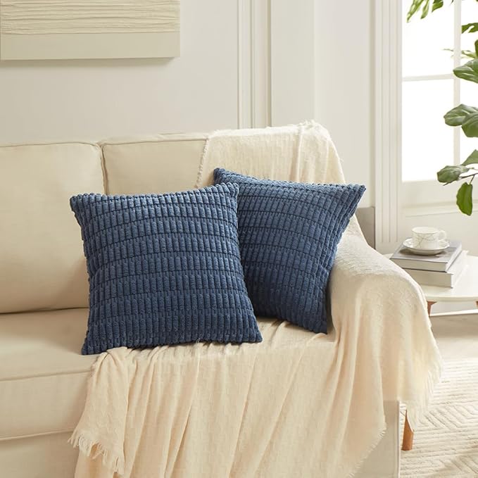 Fancy Homi 4 Packs Dusty Blue Decorative Throw Pillow Covers 26x26 Inch for Living Room Couch Bed Sofa, Rustic Farmhouse Boho Home Decor, Soft Plush Striped Corduroy Square Cushion Case 66x66 cm