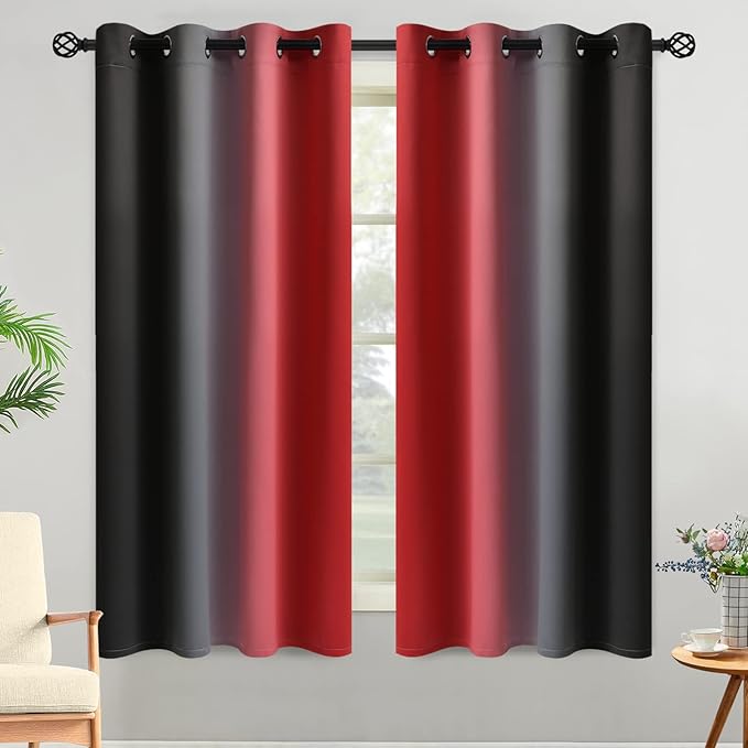 Yakamok Blackout Ombre Black and Red Curtains for Bedroom, Gradient Room Darkening Curtains, Grommet Thermal Insulated Full Light Blocking Window Drapes/Curtain for Living Room,52 x 63 Inch,2 Panels