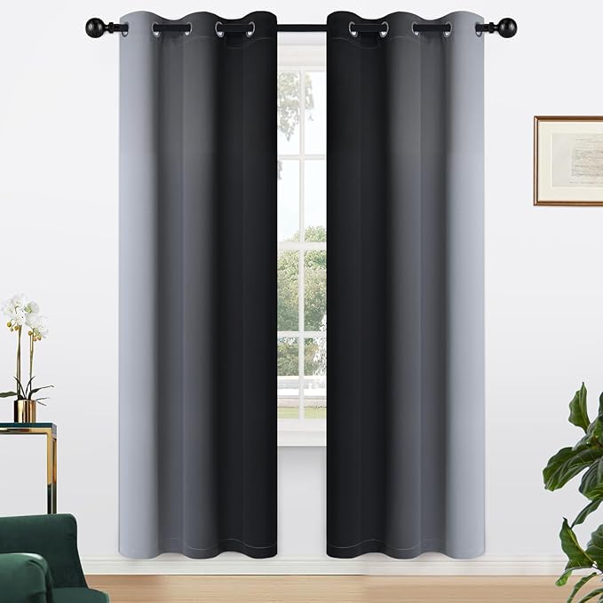 Yakamok Light Blocking Ombre Curtains, Greyish White and Black Gradient Color Curtains, Room Darkening Grommet Window Drapes for Bedroom(Black, 42x72 Inch, 2 Panels)
