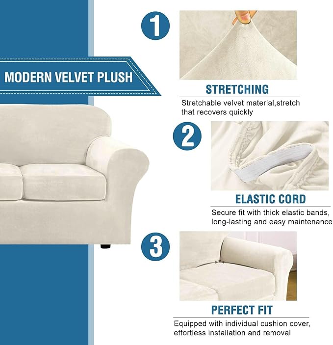 H.VERSAILTEX High Stretch Sofa Slipcover 4 Piece Cover Velvet Furniture Protector Form Fit Thick Velvet Extra Large Sofa Cover for 3 Cushion Couch Width Up to 97 Inch (Large Sofa, Ivory)