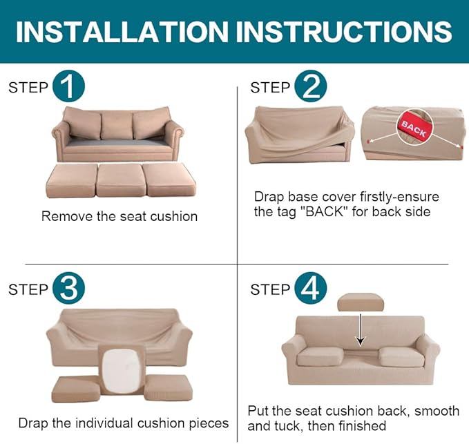 Turquoize 4 Piece Sofa Covers for 3 Cushion Couch Sofa Slipcover Soft Couch Cover for Dogs-Washable Sofa Furniture Covers with 3 Individual Large Cushion Covers, Feature Thick Fabric (XL Sofa, Sand)