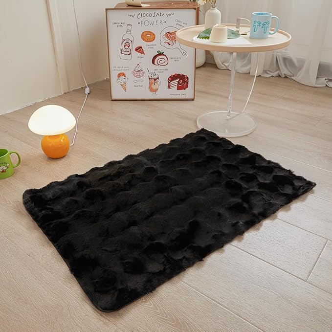 Black Rabbit Plush Rug 2'x3', Fluffy Faux Fur Shaggy Area Rug for Nursery, Kids Room Decor, Soft Fuzzy Carpet for Living Room, Bedroom, Teen Girls Room