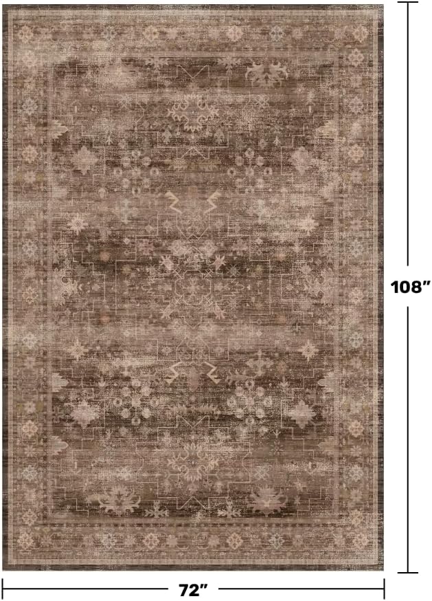 Hazo Haus Taupe Brown Living Room Rug 6x9 - Vintage Traditional Eclectic Unique Neutral, Washable Low Pile Non-Slip Large Area Rugs for Dining Under Table Bedroom Lounge