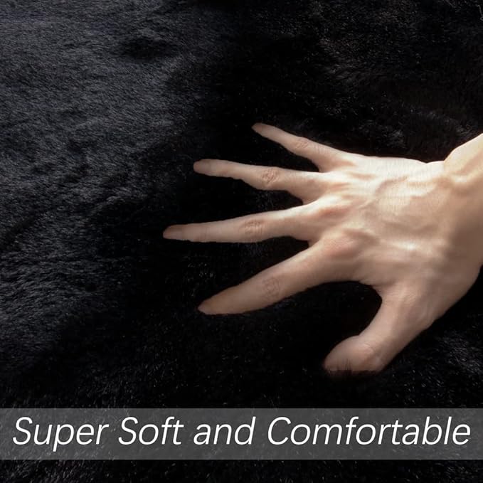 ORINOVA Black Round Plush Rugs for Bedroom Faux Bunny Fuzzy Washable Fur Area Rugs for Living Room Small Circle Nursery Rug 4ft Cute Room Décor