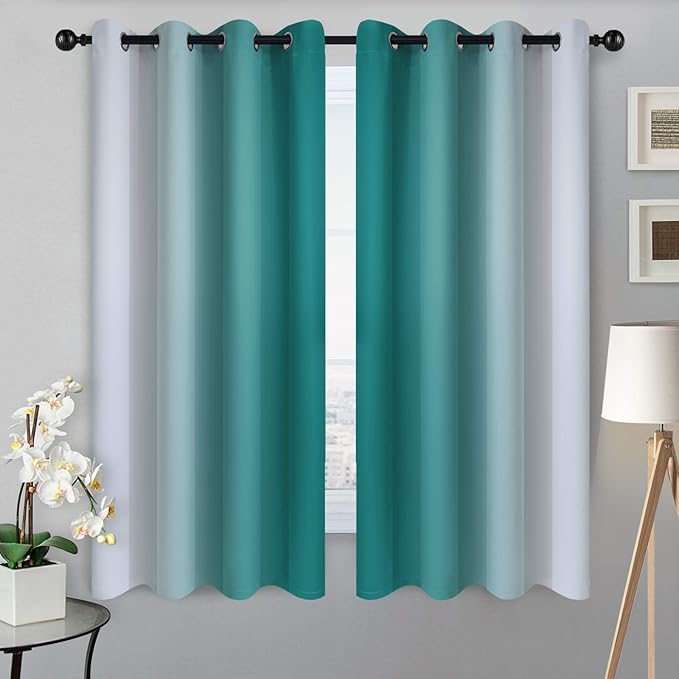 SimpleHome Ombre Room Darkening Curtains for Living Room, Light Blocking Gradient Teal to Greyish White Thermal Insulated Grommet Window Curtains/Drapes for Bedroom, 2 Panels, 52x63 inches Length