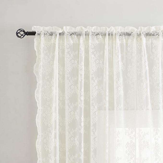 YJ YANJUN Vintage Lace Curtains 72 Inches Long- Antique Flowers Ivory Sheer Curtain Panels for Living Room Bedroom French Door, Light Filtering Drapes, 2 Panels 52W x 72L Cream