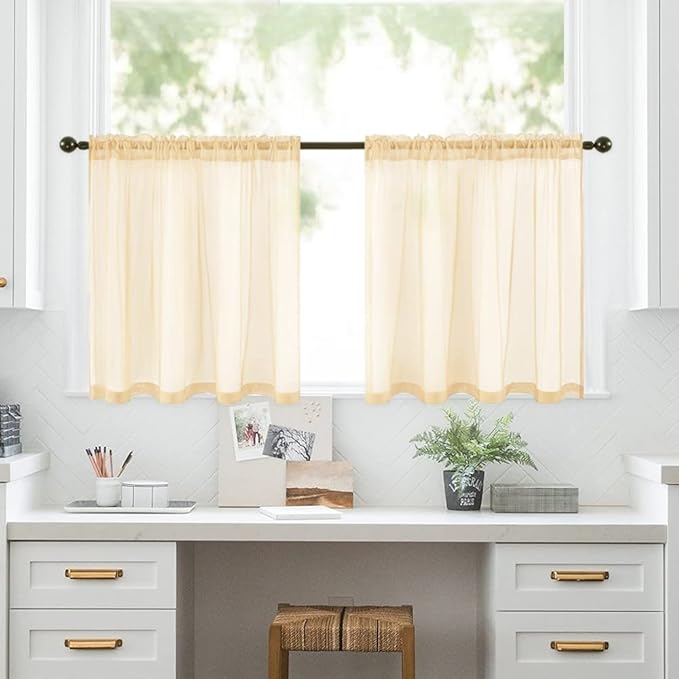 MIULEE 2 Panels Red Kitchen Tiers Half Window Sheer Curtains Rod Pocket Translucent Voile Drapes for Kitchen Bathroom Small Windows 29 by 36 Inch Cream Beige
